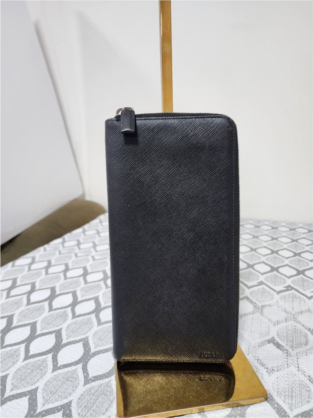 PRADA Saffiano Metal Zip Around Travel Wallet Black